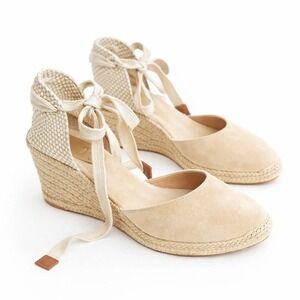 Boden Cassie Espadrille Wedge Sandals 40 Oatmeal Suede Lace Up Jute Heel